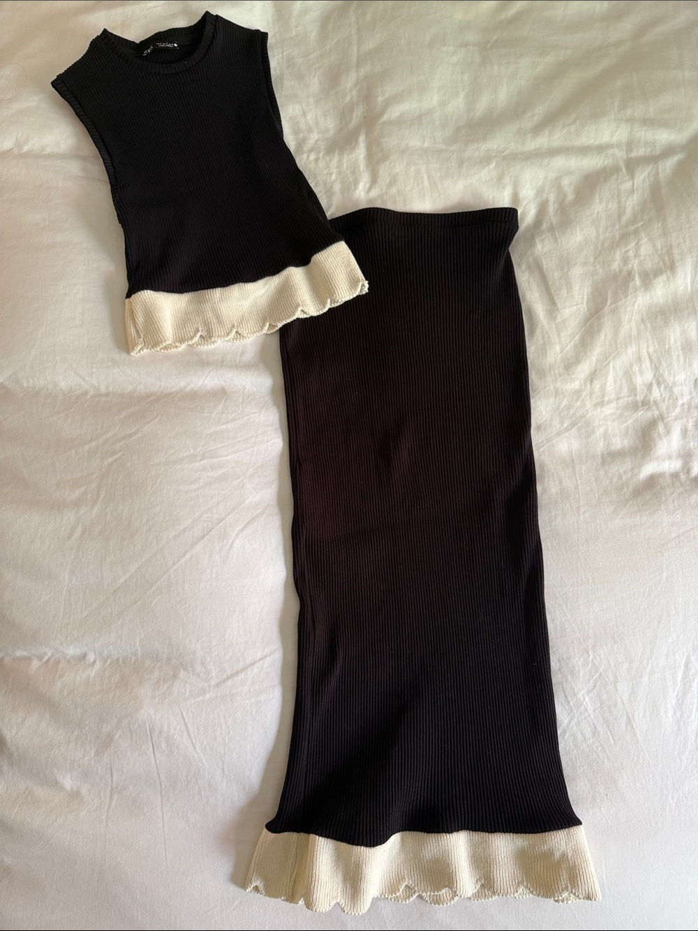 Ribbed Two-Piece Tank & Skirt Set - Black with Cream Trim